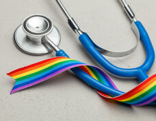 Stethoscope and LGBT rainbow ribbon pride symbol. Medical suppor