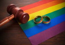 Two Gold Wedding Rings With Lgbt Rainbow Colours. Homosexual Marriage. Lgbt Rights And Law.