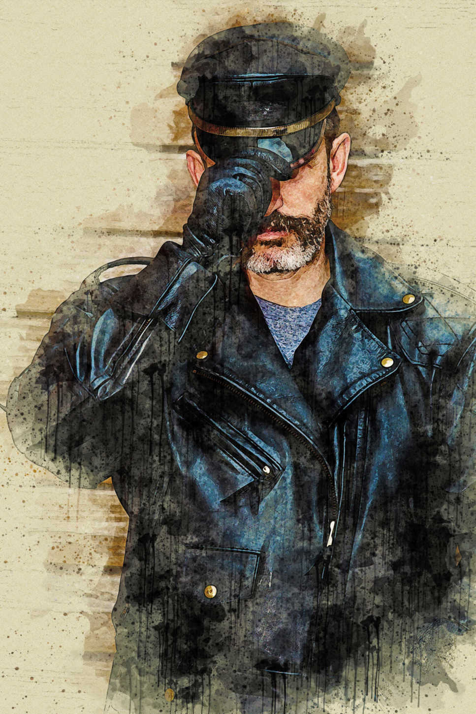 handsome man dressed in black leather in watercolor style