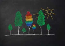 trees, sun and lgbt flag drawn by kid in chalk on school blackboard