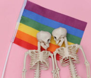LGBT rainbow flag and two skeletons on pink background. Same sex relationships