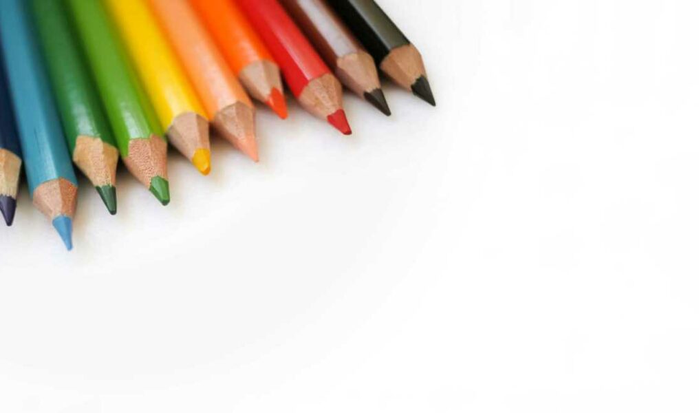 Colorful colored pencils close up, art supplies for painting edu