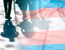 Transgender flag, shadows and silhouettes of people on a road, c