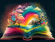 Illustration of a magical book that contains fantastic stories -