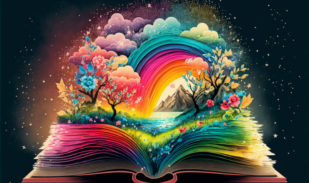 Illustration of a magical book that contains fantastic stories -