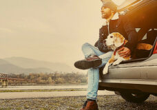 Breaded man in warm clothes siting with beagle in car trunk. Traveling with pet