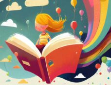 Minimalist childbook illustration blond girl riding a book on a rainbow