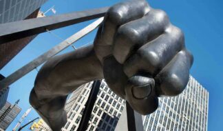 DETROIT- JANUARY 26,2018, The Fist Sculpture, Joe Louis Professional Boxers Arm Suspended in Hart Pl