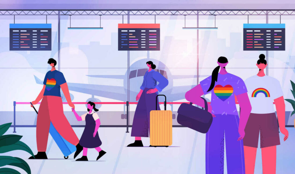 passengers standing in line queue to airport counter for check in lgbt rainbow transgender love concept