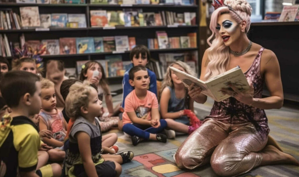 Drag Queen Reading A Book to Several Young Children in a Bookstore.
