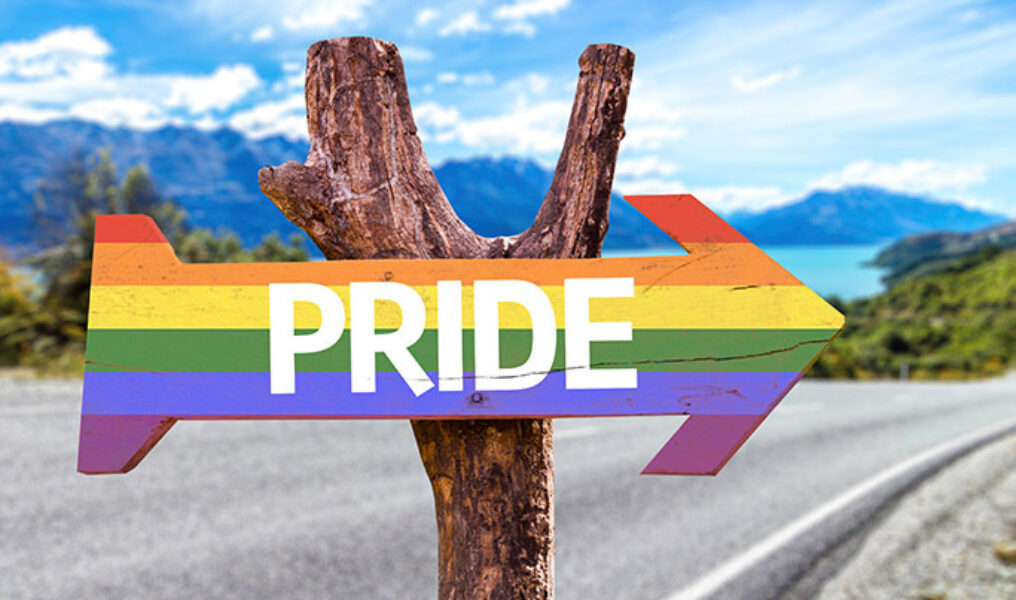 Pride in a Rainbow wooden sign with a street background