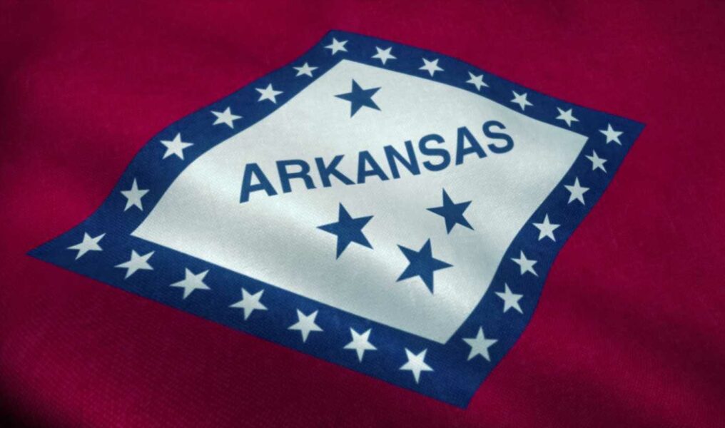 Arkansas Flag Waving In The Wind. Sign Of Arkansas. 3d Rendering-070711520