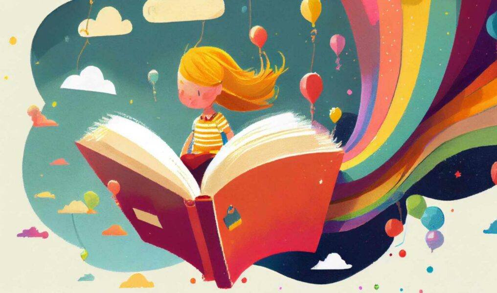 Minimalist childbook illustration blond girl riding a book on a rainbow