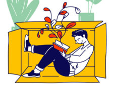 Social Anxiety Concept. Lonely Introvert Man Sitting Inside Of Box Reading Book. Mental Health, Psyc
