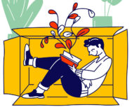 Social Anxiety Concept. Lonely Introvert Man Sitting Inside Of Box Reading Book. Mental Health, Psyc
