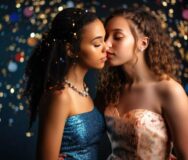 Young lesbian couple at a prom celebration party. Generative AI